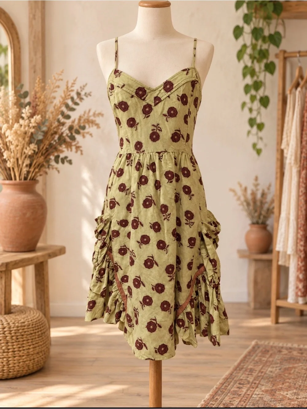 Free People Green Brown Sleeveless Sundress size 4